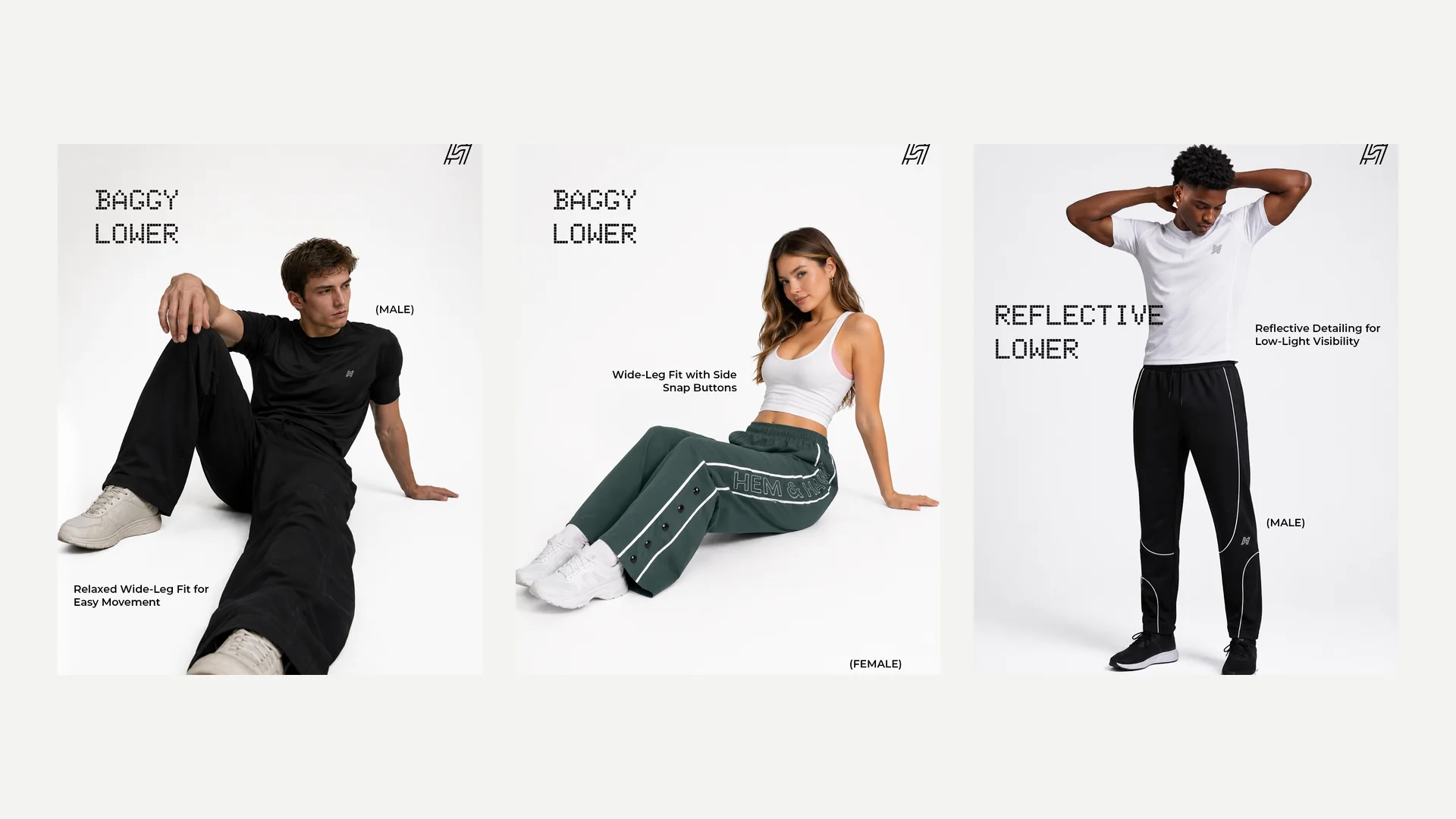 Hem & Haw product statics — baggy lower and reflective lower